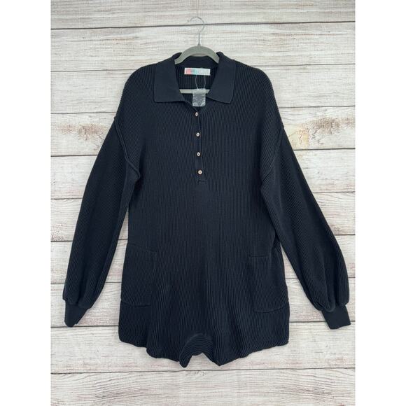 Free People FP Beach Rib Knit Romper Womens Large Black Long Sleeve Pockets NEW - Picture 1 of 9